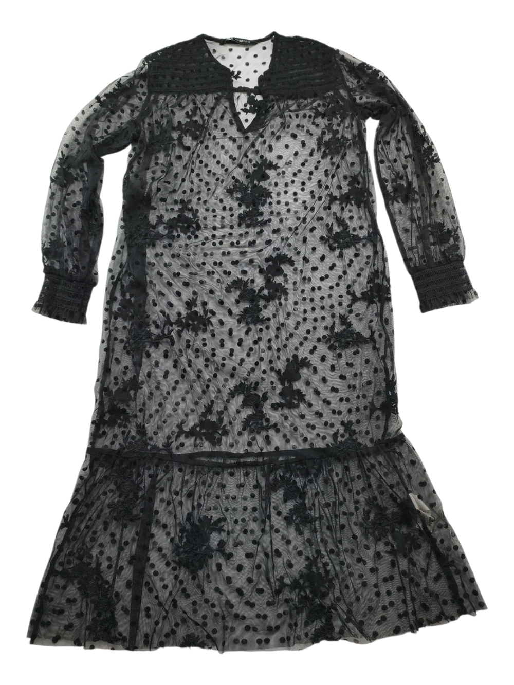 ZARA Women S Black Sheer Mesh Polka Dot Floral Embroidered Midi Dress Layering